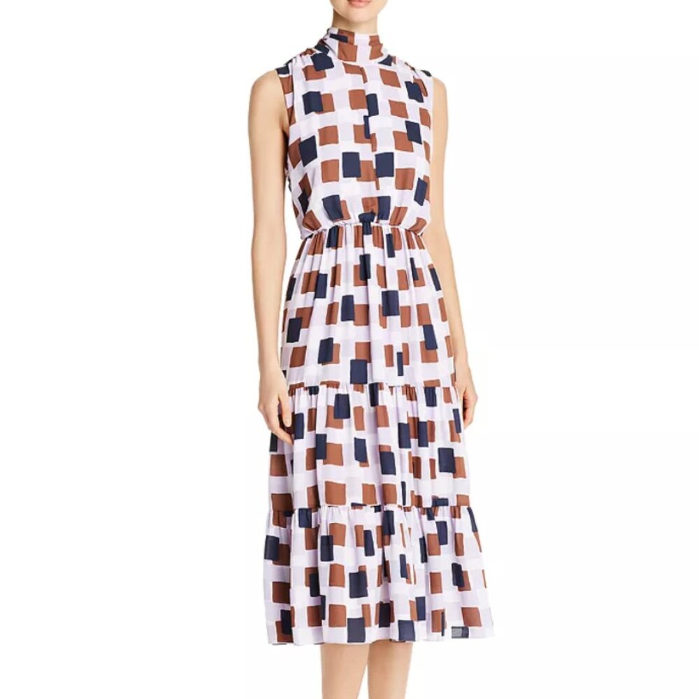 Kate Spade New York Geo Squares Lavender Retro Square Tie Neck Midi Dress Size 6